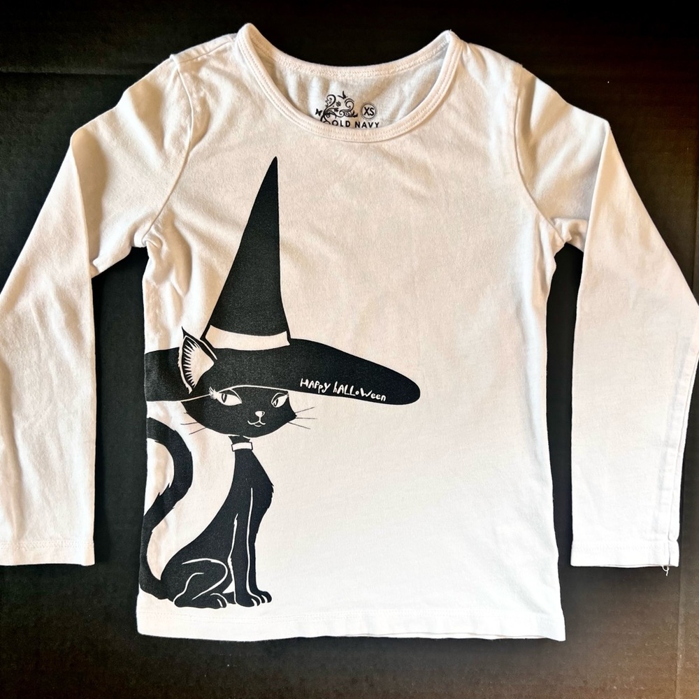 Happy Halloween Black Cat Witch Long Sleeve Tee by Old Navy Girls Sz XS